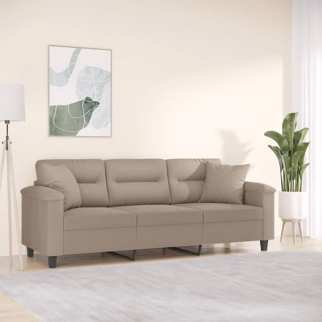vidaXL Divano a 3 Posti Moderno in Microfibra con Cuscini, Colore Grigio/Beige, L: 210 cm, P: 80 cm, H: 77 cm – 1