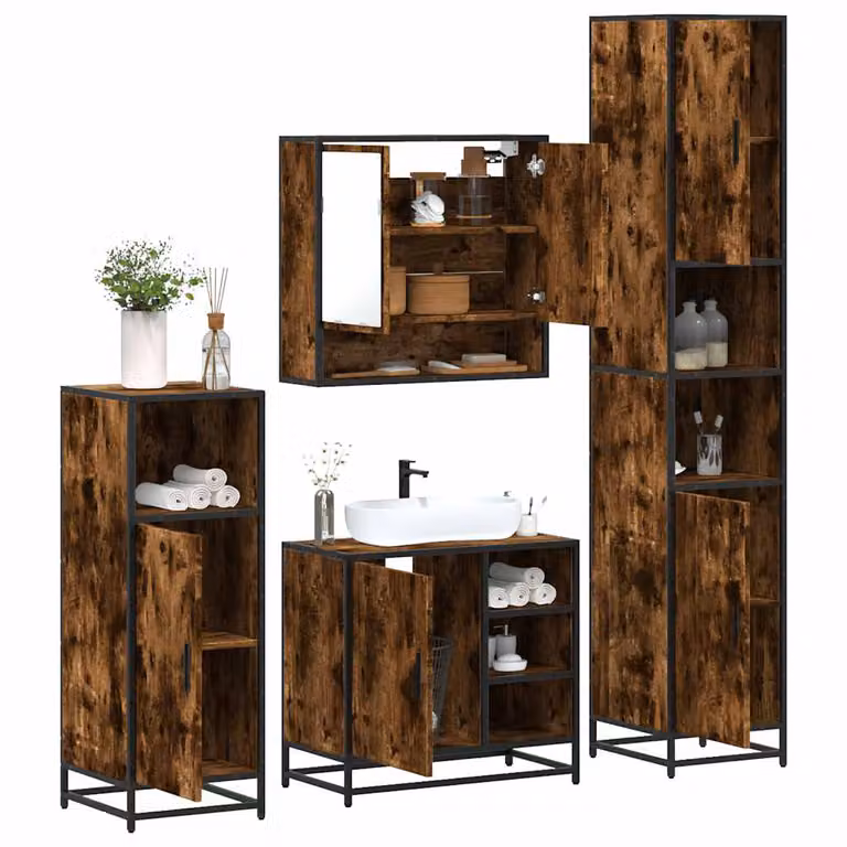 Set di mobili da bagno industrial vidaXL in legno e metallo marrone composto da armadietto con specchio, mobile lavabo, mobile laterale e colonna alta