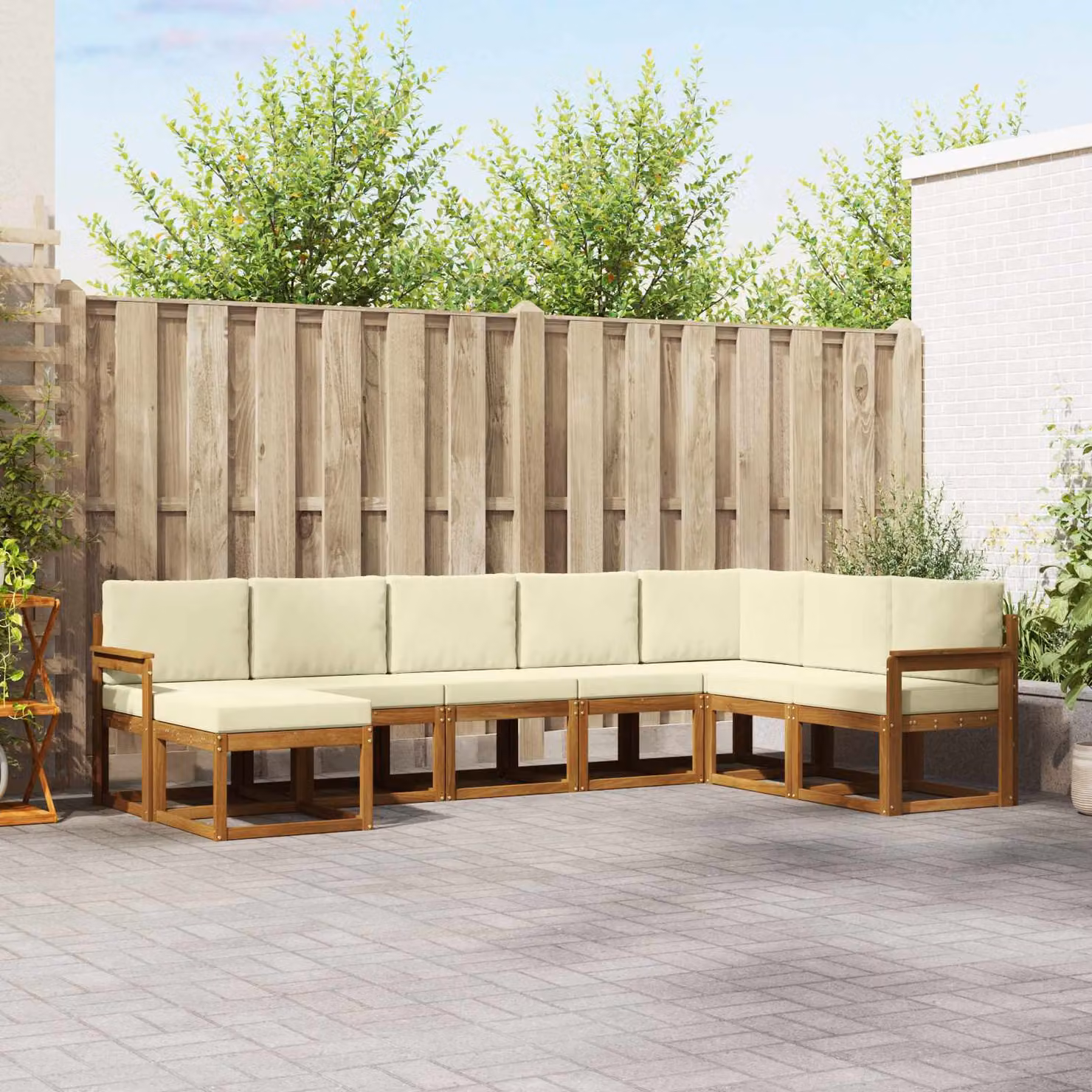 Set di divani da esterno vidaXL 8 pz in legno di acacia con cuscini, forma a L, colori beige, bianco e marrone