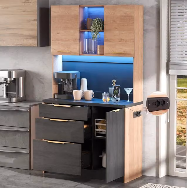 Mobile cucina alto moderno 100 x 40 x 180 cm in MDF; finitura effetto cemento e legno; nero