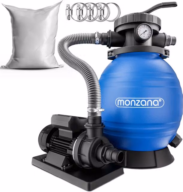 Sistema di filtraggio a sabbia Monzana con vetro filtrante, portata 10200 L/h, colori nero e blu