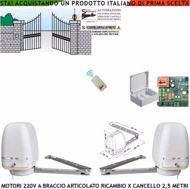 Braccio Articolato 2 Motori 220 V Spinta 250 NM Con Accessori Ricambio Universale Automatismo Cancello 2 Ante da 0,5 Fino a 2,5 Metri Centrale Radiocomando