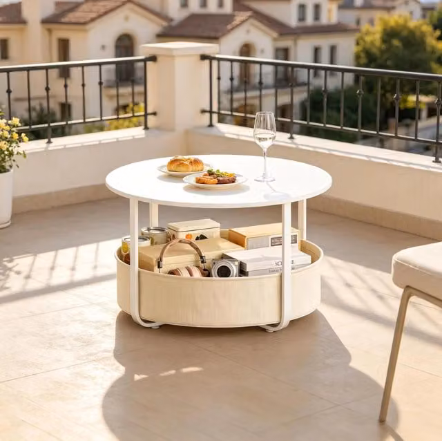 Tavolino da salotto rotondo ULEVR ? 80 x 50 cm con cesto in tela, metallo e beige/bianco