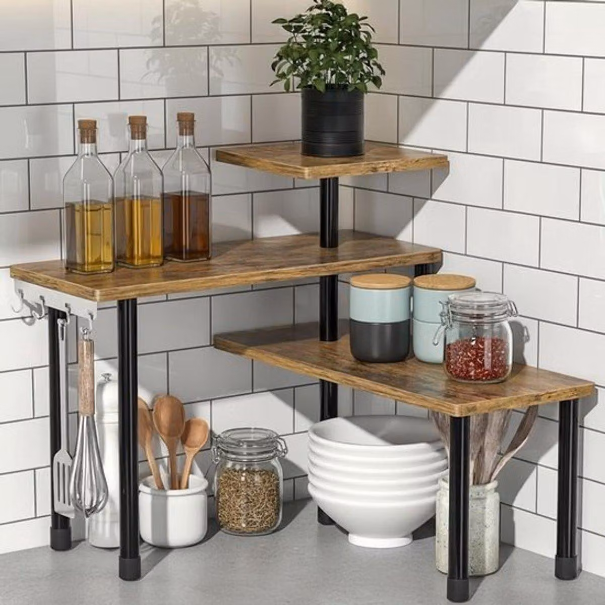 Scaffale da cucina – Portaoggetti a 3 livelli per spezie, con 4 ganci, salvaspazio e regolabile, ideale per l'area del caffè e per l'organizzazione