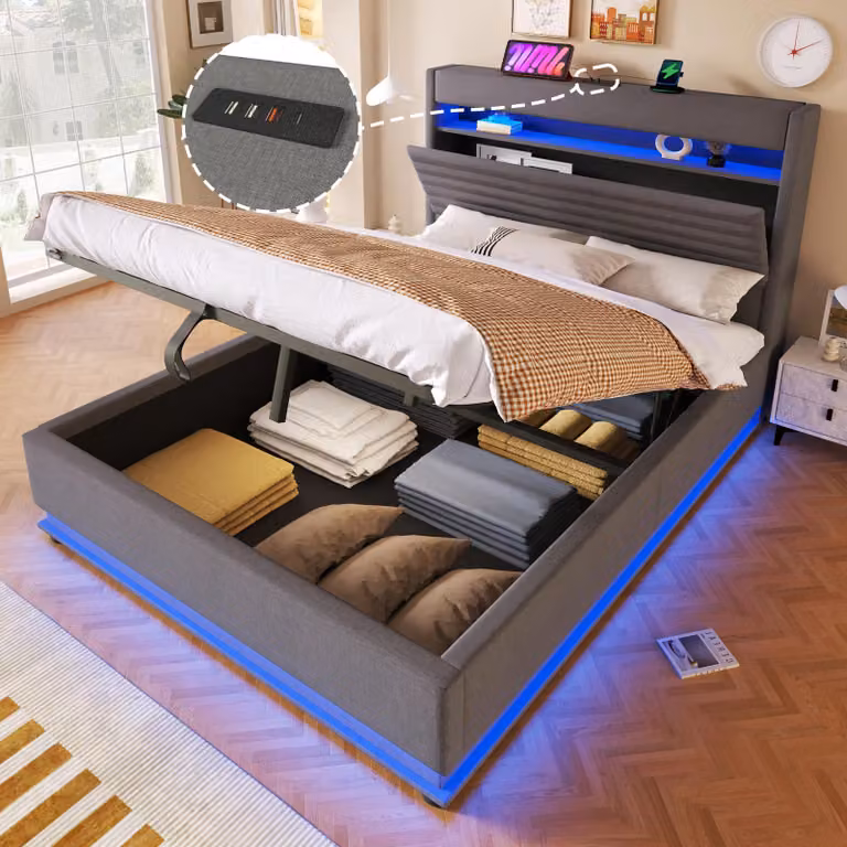 Letto imbottito Merax 140x200 cm, letto per bambini con funzione di ricarica USB tipo C, illuminazione a LED, supporto idraulico, vano portaoggetti ribaltabile, biancheria, grigio