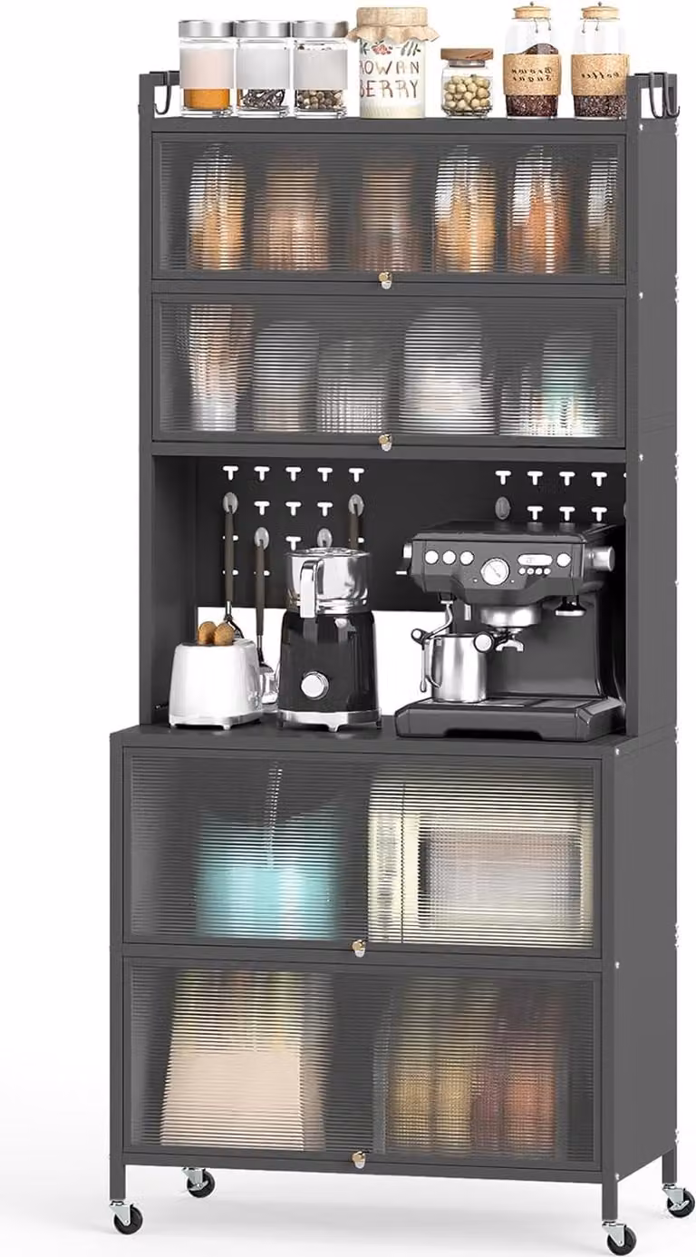 Mobile da cucina KOMFOTTEU con 5/6 livelli, credenza con 4 ganci e 10 tasselli, mobile buffet con piano di lavoro e armadi, buffet da cucina con 4 ruote universali (80 x 40 x 178 cm, grigio)