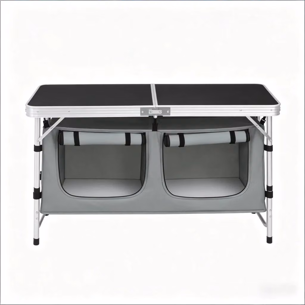 Tavolo da giardino e campeggio pieghevole Komhtom con piano in MDF laminato e gambe regolabili, Grigio, L: 69,5 cm, P: 47 cm, H: 30-47 cm – 2