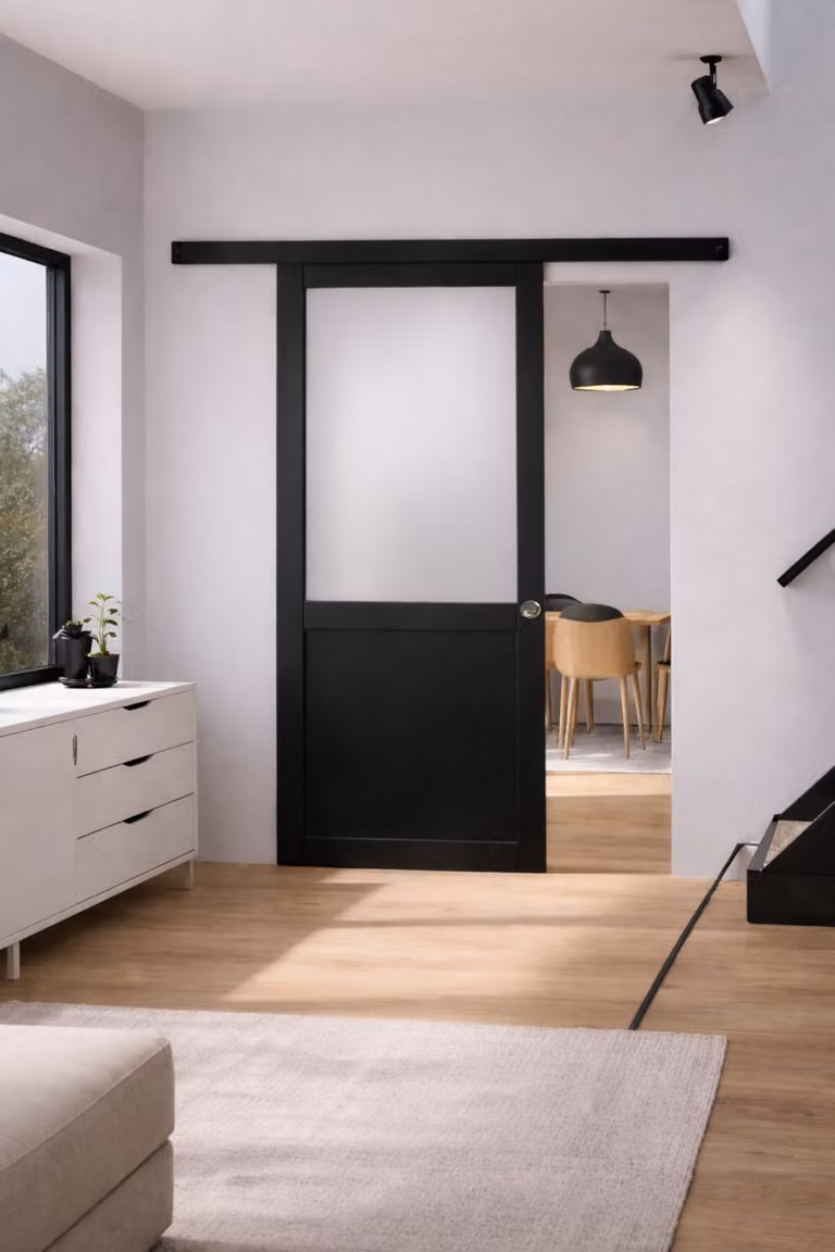 Porta scorrevole Athena nera H204 x L93 cm, binario in alluminio nero, conchiglie Gd Menuiseries