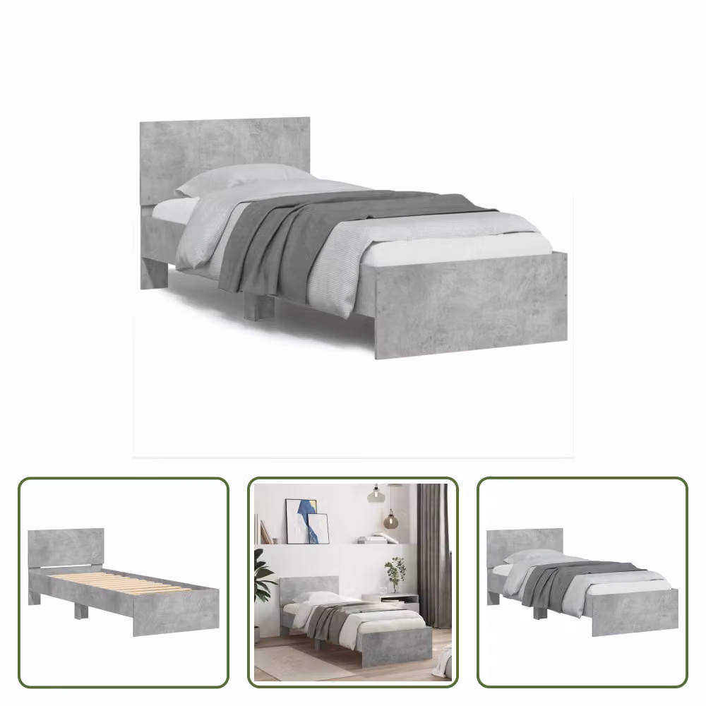 The Living Store Giroletto con testiera in cemento grigio 90x190 cm Materiale a base di legno