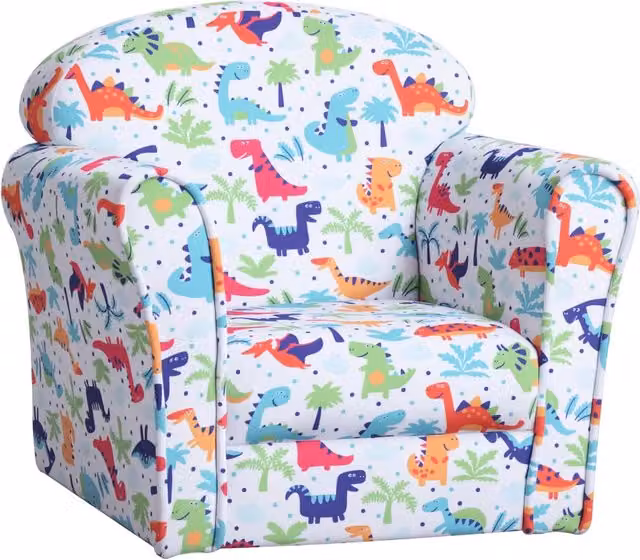 Poltrona per bambini Xylo con design dinosauri, imbottitura in schiuma e struttura in legno, multicolore, L: 50 cm, P: 39 cm, H: 44 cm