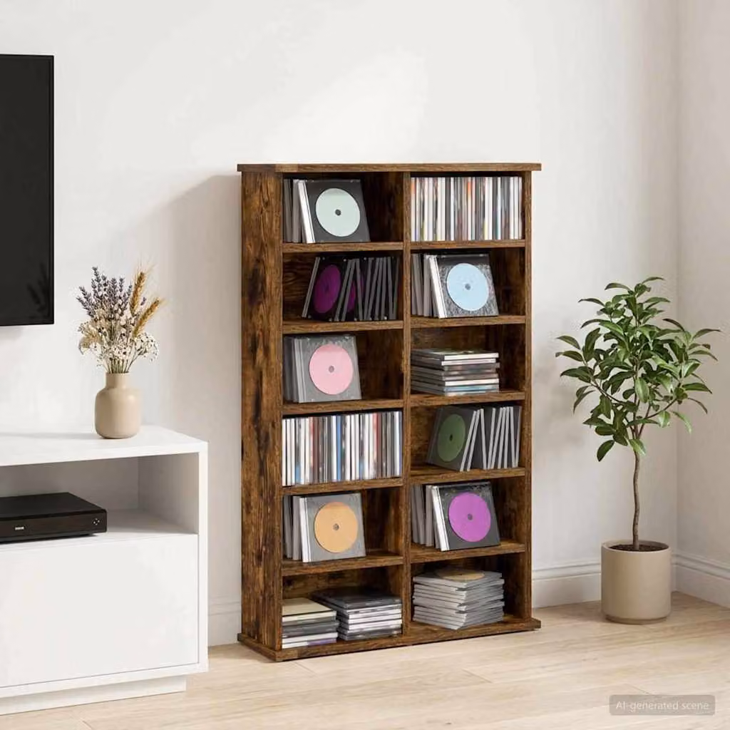 Mobile per CD vidaXL in legno ingegnerizzato Rovere Fumo con ripiani regolabili, L 60 x P 17 x H 92 cm