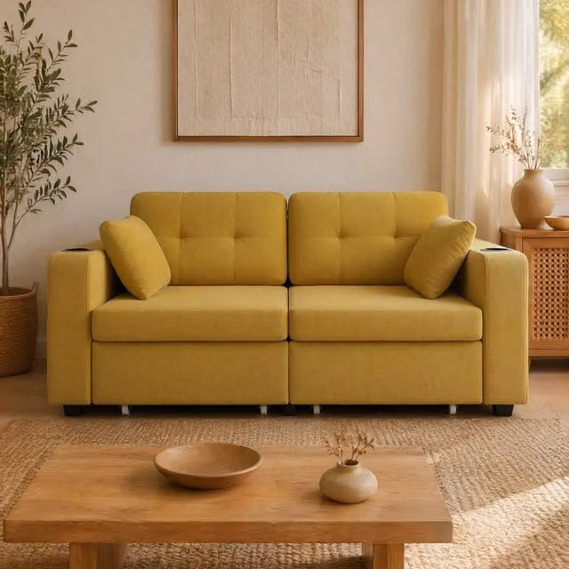 Divano 2 posti 172x75x82 cm giallo senape con vani portaoggetti e USB in ciniglia