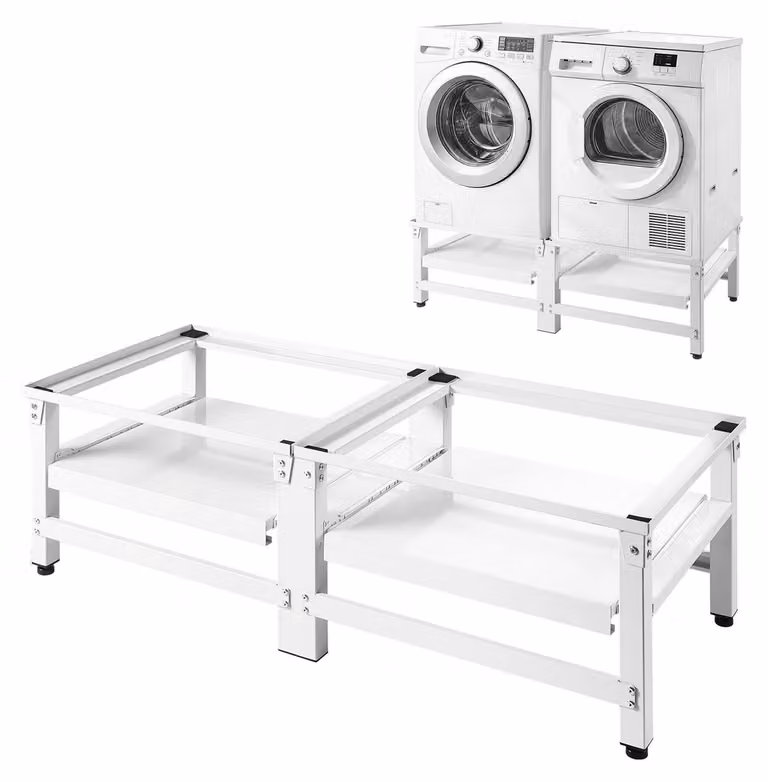 Base per lavatrice, altezza 355 mm, basi per lavatrice e asciugatrice con ripiano estraibile, portata massima 318 kg, piedini antiscivolo, supporto per lavatrice in acciaio resistente, montaggio universale, bianco, confezione da 2 pezzi