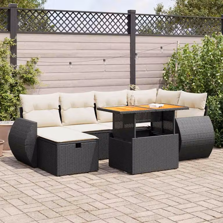 Set Divano da Giardino a L vidaXL in Polyrattan e Legno di Acacia con 8 Cuscini, Nero e Bianco