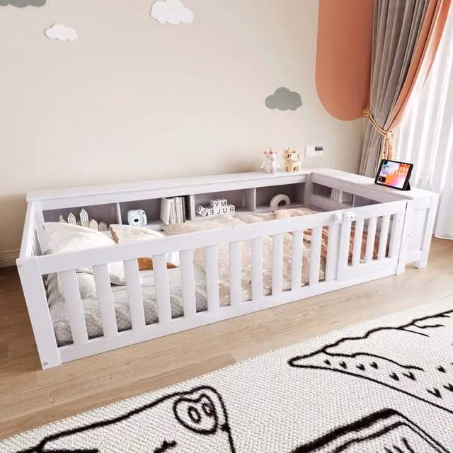 Letto bambino-Xylo-90x200 cm-barriera, scomparti, pino, bianco