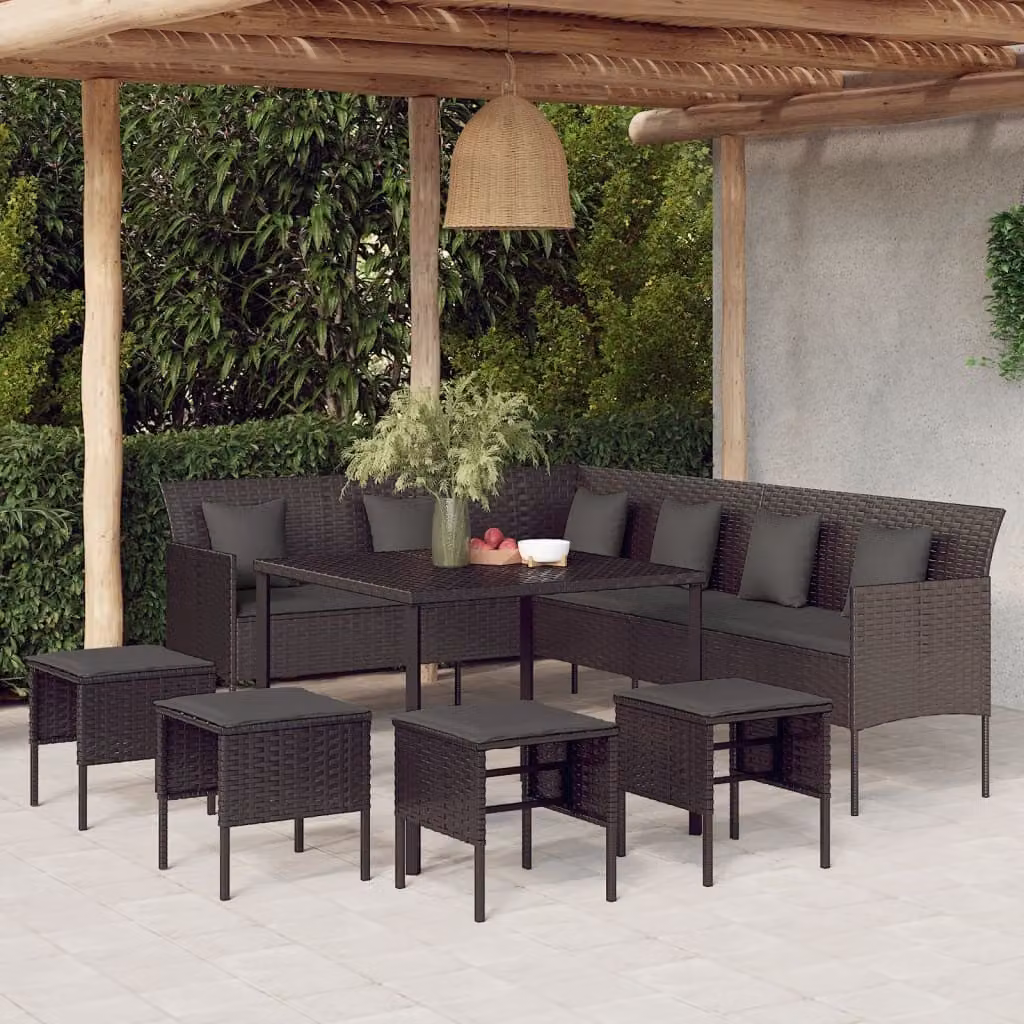 The Living Store Set da pranzo da giardino da 6 pezzi con cuscini in polirattan nero