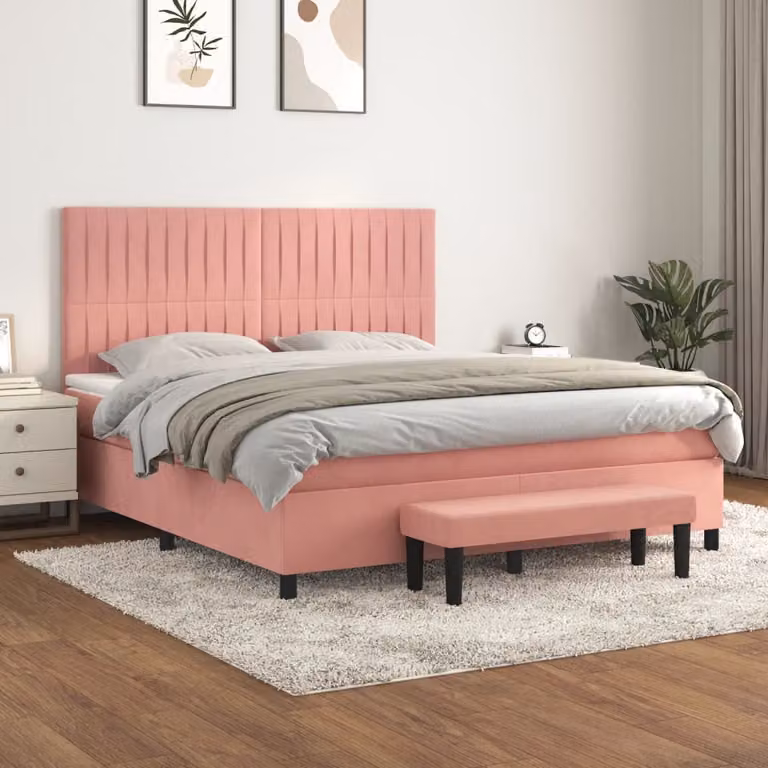 Letto con Giroletto a Molle e Materasso Ibrido vidaXL in Velluto Rosa e Bianco L/P: 160 x 200 cm