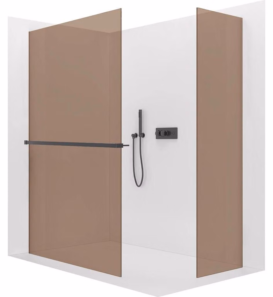 CERANO - Box doccia Walk-in Crystal T L/P - 8 mm - sistema senza montanti + ripiano/portasciugamani - nero opaco, vetro color bronzo - 110x80x200 cm