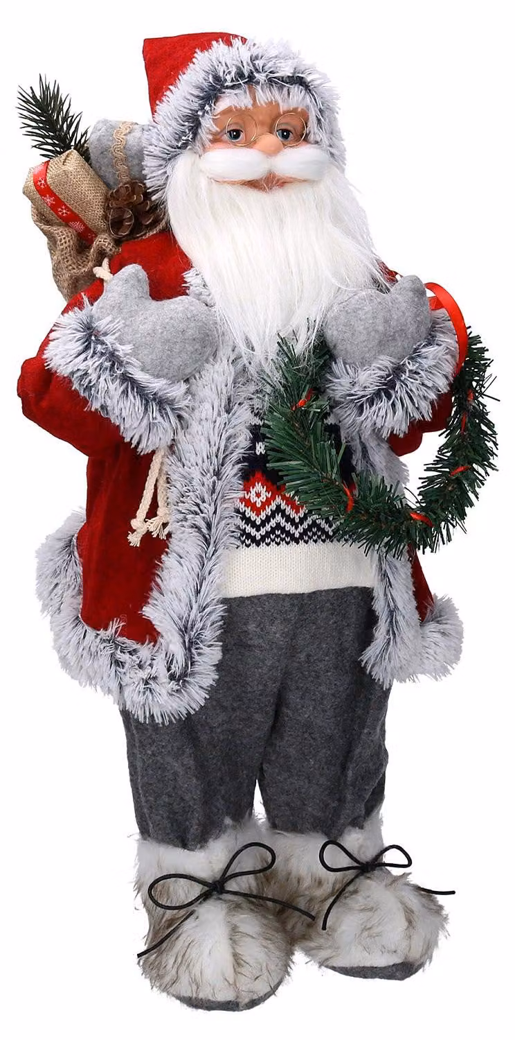 Pupazzo Babbo Natale in Tessuto con regali e ghirlanda grigio rosso cm 30x17,5xh65