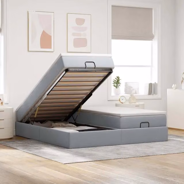 Letto con contenitore a sollevamento vidaXL in tessuto grigio e bianco L: 180 cm, P: 200 cm, H: 280 cm