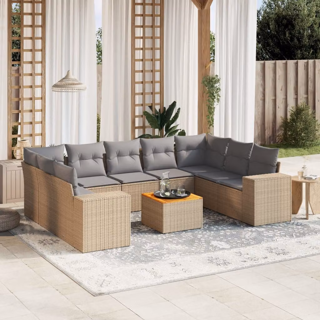 vidaXL Set Divano da Giardino 10 pz in Polyrattan con Cuscini Beige e Grigio e Tavolino da Esterno – 1