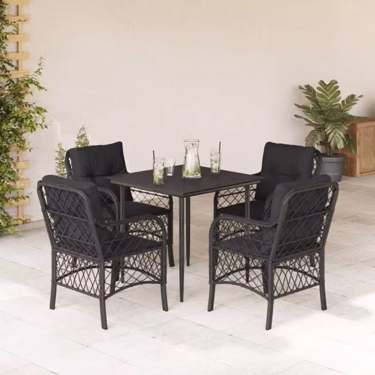 Set da Pranzo da Giardino vidaXL 5 pz in Polyrattan Nero con Cuscini e Tavolo in Vetro