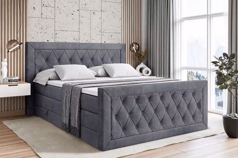 Letto boxspring ALTDECOR con materasso e rete a doghe, topper, pediera, letto imbottito con contenitore, letto con vano portaoggetti, materassi H3 e H4, letto boxspring - NOEL-Z KING - 180x200 - Velluto grigio scuro