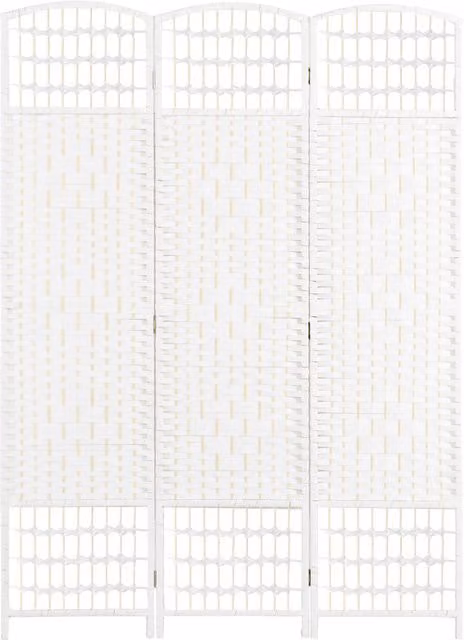 Paravento a 3 Ante Pieghevole HOMCOM in Legno e Rattan, Autoportante, Bianco, L: 120 cm, H: 170 cm, P: 30 cm