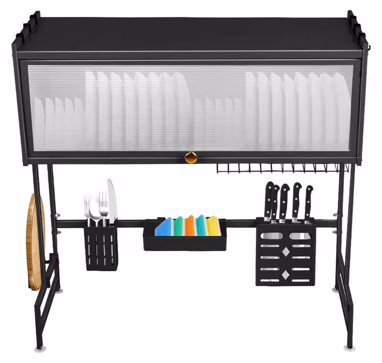 Contenitore per lavelli da cucina, organizer multi-scomparto, design auto-svuotante, colore nero, dimensioni 75x30x78 cm