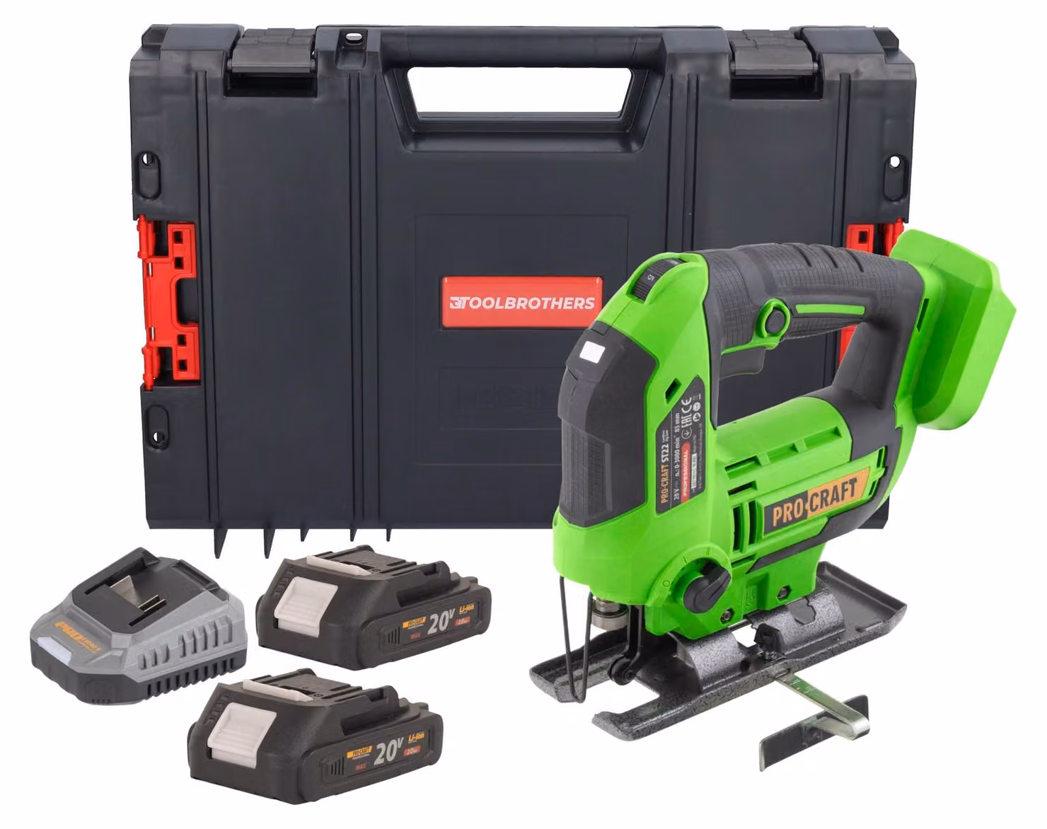 Seghetto alternativo a batteria Procraft ST22 20 V 80 mm Brushless + 2 batterie 2,0 Ah + caricabatterie + valigetta portautensili RHINO