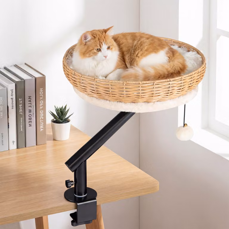 Cuccia per gatti Costway in rattan con amaca girevole a 360° per scrivania e ufficio, Bianco
