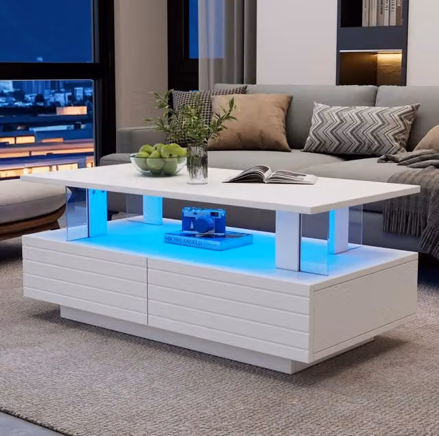 Tavolino da caffè LED bianco 100×50×42 cm con 2 cassetti e ripiano