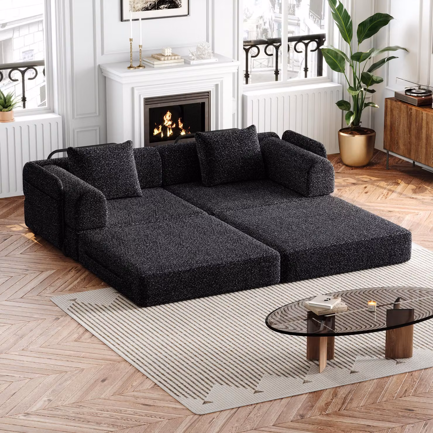 okwish set due pezzi 2 in 1 divano letto divano relax con braccioli e vano portaoggetti, divano letto pieghevole con struttura in acciaio e base antiscivolo, nero