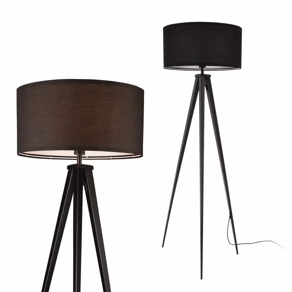 Lampada da terra moderna con treppiede in metallo e paralume in tessuto nero, Altezza: 153 cm – 2