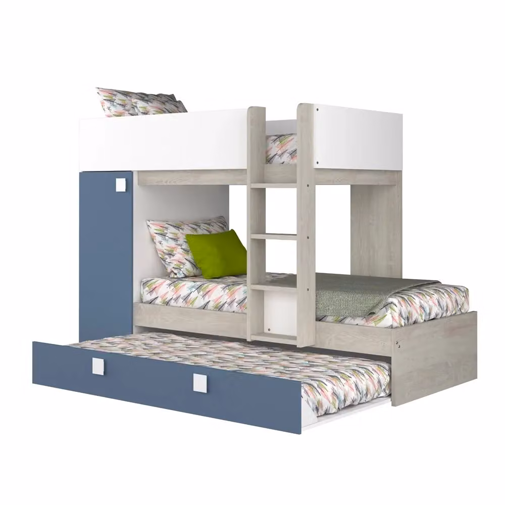 Letto a castello per bambini con letto estraibile e scala, bianco e azzurro, H: 243.6 cm, L: 160.7 cm, P: 110.0 cm – 2
