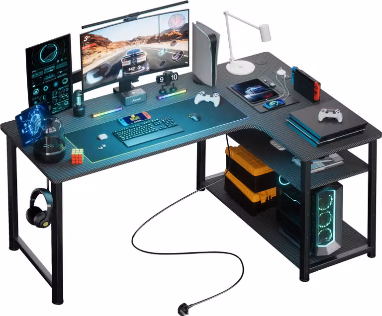 GTPLAYER scrivania angolare da gioco con ripiano porta di ricarica USB e presa (1 scrivania), scrivania per computer da 140 cm a forma di L, scrivania per PC per ufficio