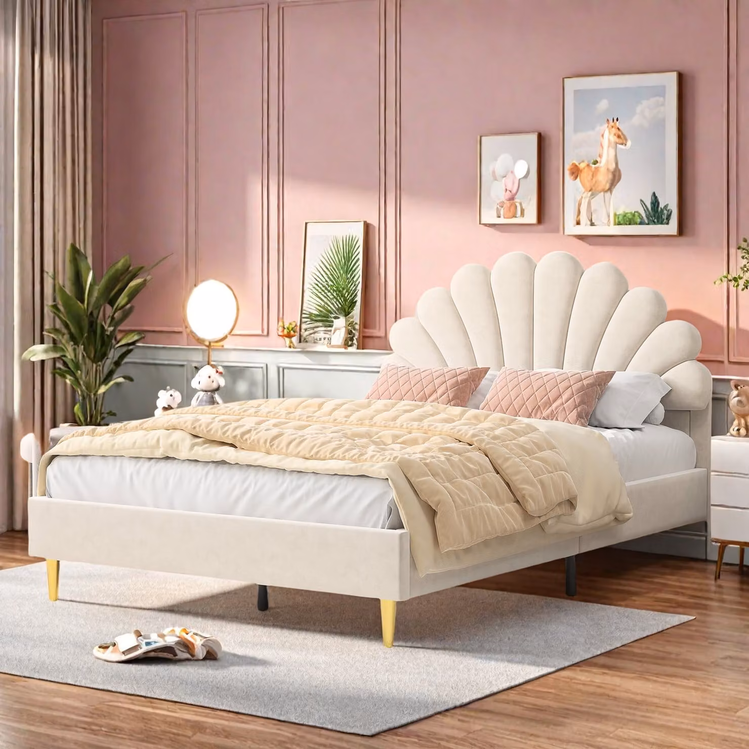 UnboxG Letto imbottito 140 x 200 cm Struttura letto letto singolo Letto matrimoniale di design Letto con rete a doghe Testiera con supporto a doghe in legno in beige, struttura letto