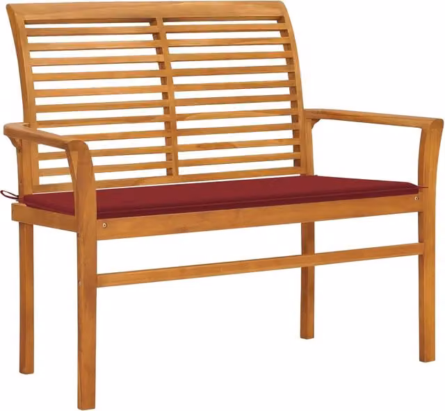 Panca da giardino Outsunny in teak massello con cuscini rossi, L: 112 cm, P: 55 cm, H: 94 cm