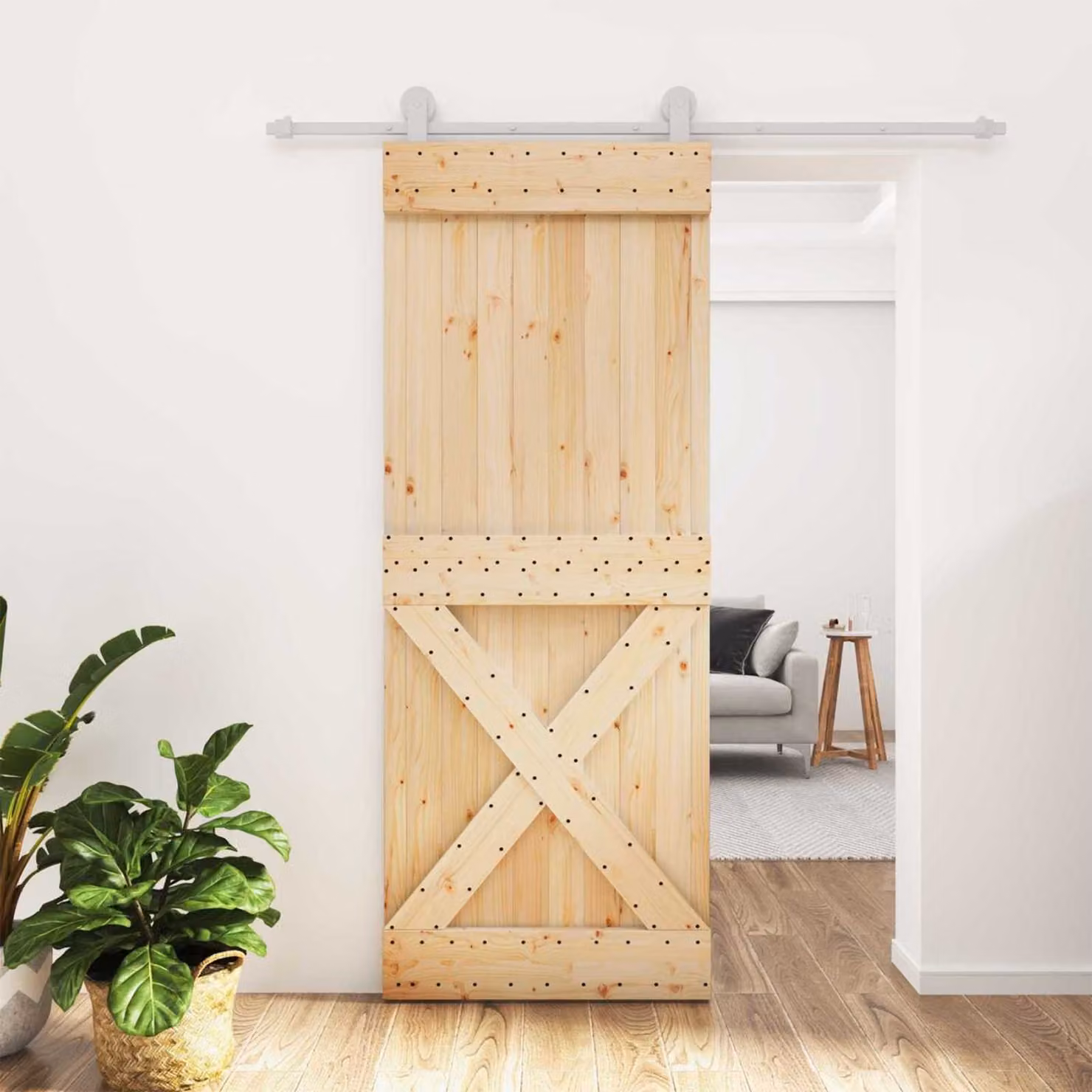 Porta scorrevole vidaXL in legno di pino e metallo, Naturale e Bianco, L 80 cm x H 210 cm