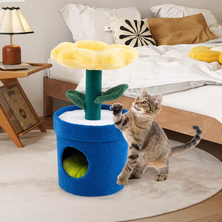 Tiragraffi COSTWAY piccolo, alto 72 cm, albero per gatti con grotta per gatti, piattaforma floreale, tiragraffi e foglie, tiragraffi per gatti mobili per gatti blu+giallo