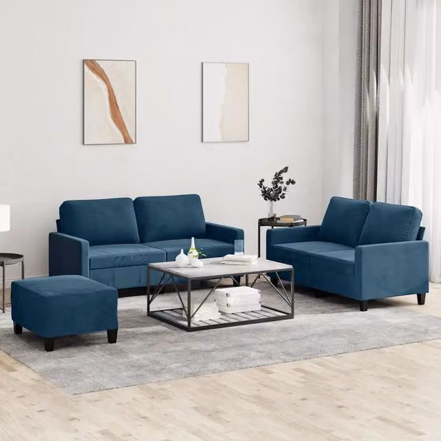 Set di 3 divani moderni vidaXL in velluto blu con cuscini per soggiorno