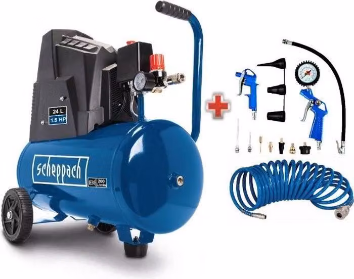 Compressore orizzontale Scheppach HC30o, serbatoio da 24 litri, 110 W, 8 bar, con set di accessori da 13 pezzi