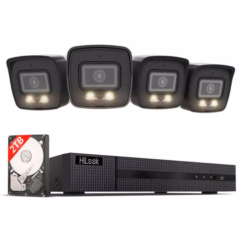 Set di telecamere di sorveglianza per esterni Hilook 4x 8 MP/4K bullet camera Slot per scheda SD visione notturna a colori, rilevamento AI di persone/veicoli NVR a 8 canali, 2 TB HDD