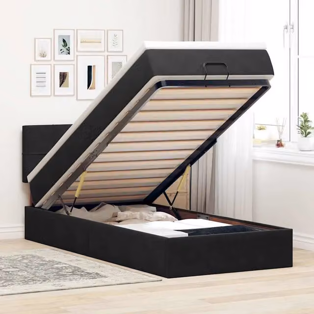 Letto con contenitore a sollevamento vidaXL in velluto nero con materasso e porta USB L: 190 cm, P: 90 cm, H: 88 cm – 1