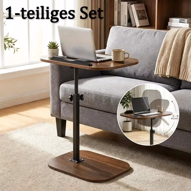 Tavolino a forma di C - Tavolino per laptop da utilizzare a letto o sul divano - Regolabile in altezza - Piano girevole - Struttura in bambù - Con rotelle - Altezza 50 cm - Noce, 1 pezzo