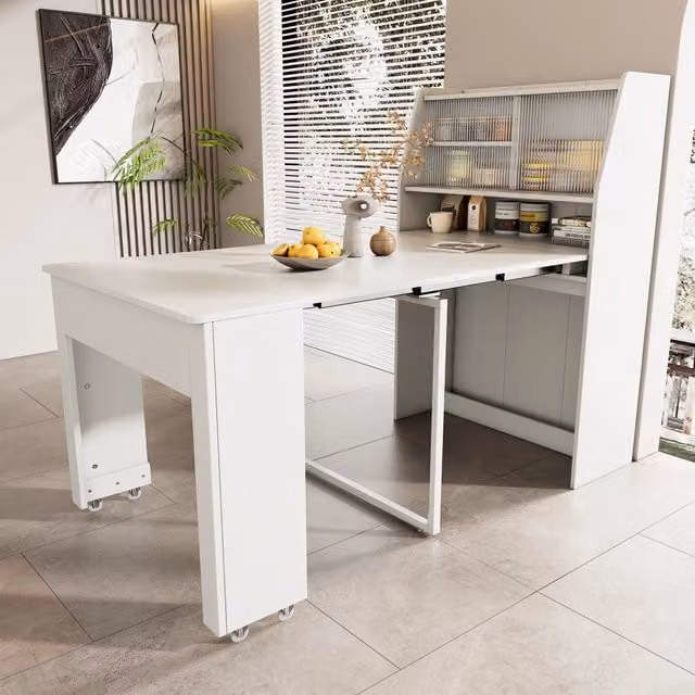 Tavolo da pranzo allungabile bianco, 52-132,5x80x76 cm, rettangolare con contenitore, multifunzione per sala da pranzo e lounge