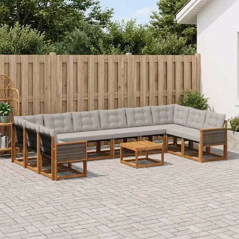 Set di divani da esterno moderno vidaXL in legno di acacia e textilene, 11 pezzi, Naturale e Grigio chiaro