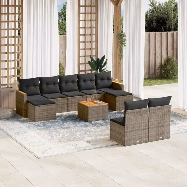 Set Divano da Giardino 10 pz con Cuscini Grigio in Polyrattan 3226382