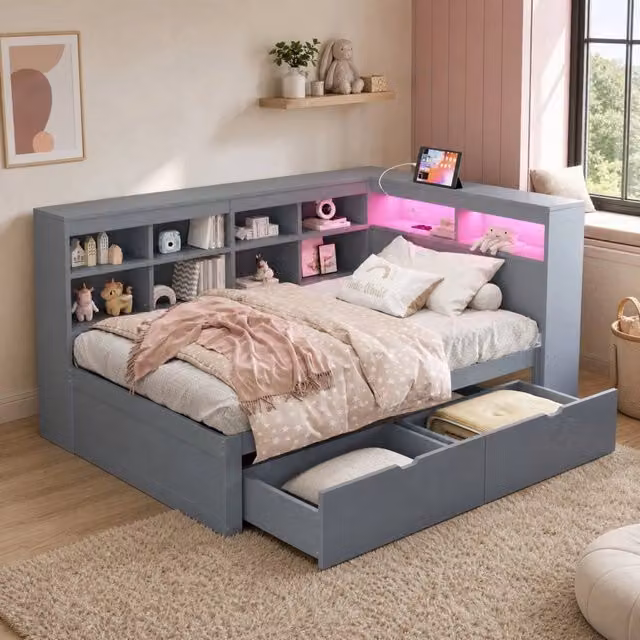 Letto da giorno ULEVR 90x200 cm con cassetti, ripiani, presa USB e LED multicolore, grigio
