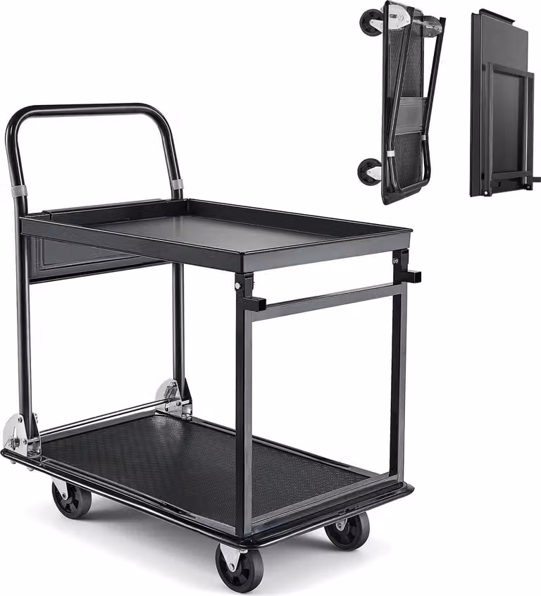 SucceBuy Carrello pieghevole da 317 kg, carrello con piattaforma e ruote in PU, carrello per attrezzi e materiali, carrello di trasporto a 2 livelli, ideale per magazzini, garage, officine, uffici, 730x470x820 mm